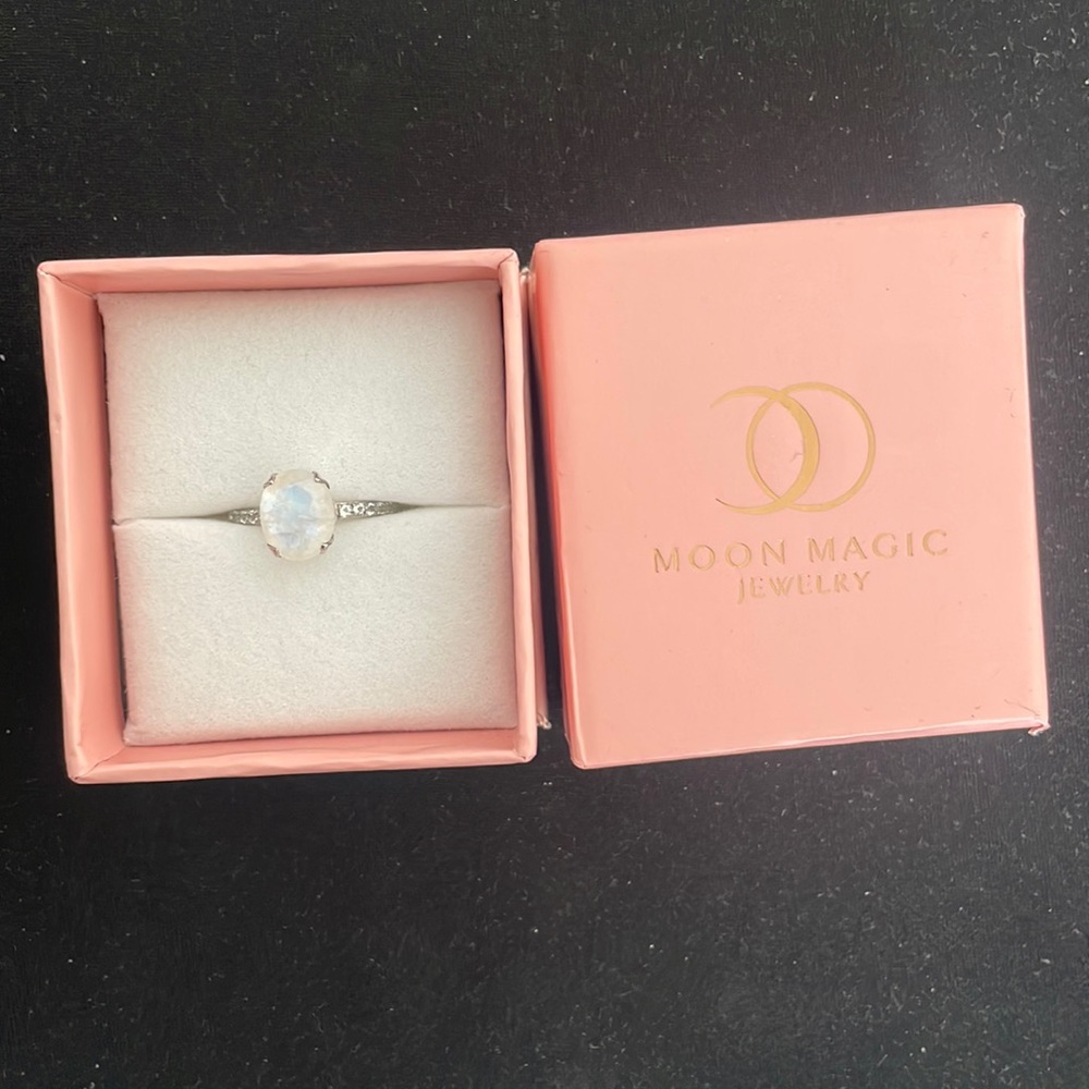 Silver Moonstone Ring in Pink Box